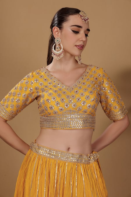 Buy_Sonali Methi_Yellow Tassels, Sequins, Embroidery V-neck Red Hand Lehenga Set _Online_at_Aza_Fashions