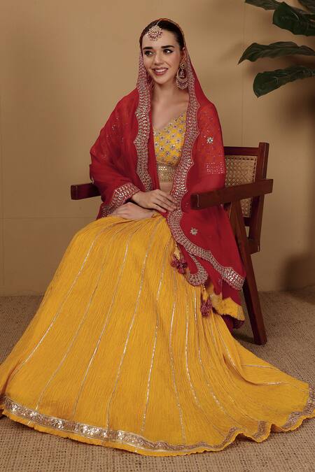 Shop_Sonali Methi_Yellow Tassels, Sequins, Embroidery V-neck Red Hand Lehenga Set _Online_at_Aza_Fashions
