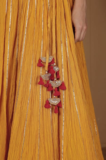 Sonali Methi_Yellow Tassels, Sequins, Embroidery V-neck Red Hand Lehenga Set _at_Aza_Fashions
