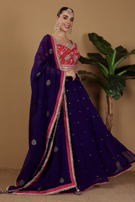 Sonali Methi Purple Organza Tassels, Embroidery Round Neck Designer Pink Blue Lehenga Set 