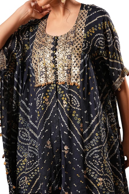 Buy_Sonali Methi_Blue Chinon, Crepe Tassels Round Neck Bandhani Kaftan And Sharara Set _Online_at_Aza_Fashions