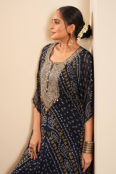 Sonali Methi_Navy Chinon, Crepe Embroidery Round Neck Blue Bandhani Kaftan And Sharara Set _Online_at_Aza_Fashions