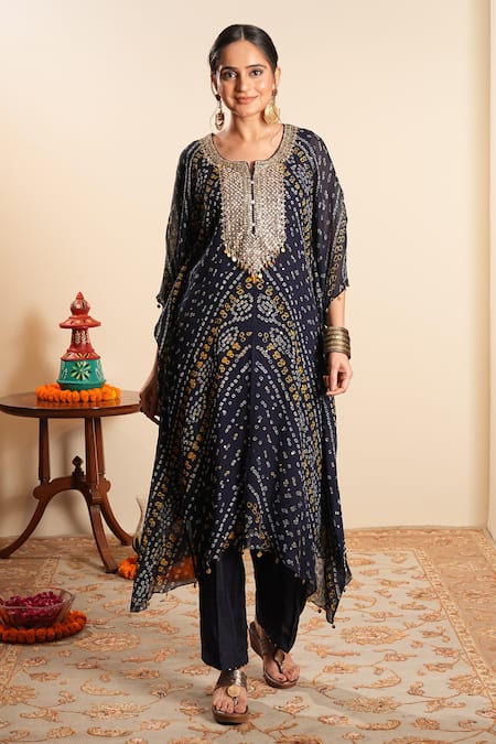 Sonali Methi Navy Blue Bandhani Kaftan & Sharara Set 