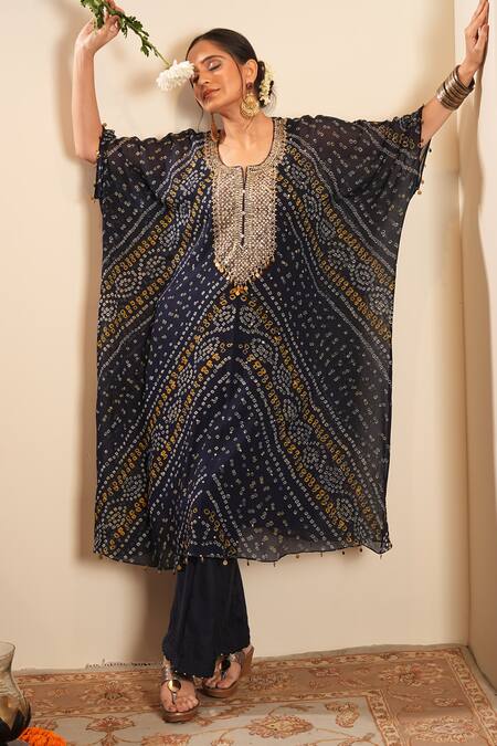 Buy_Sonali Methi_Navy Chinon, Crepe Embroidery Round Neck Blue Bandhani Kaftan And Sharara Set _Online_at_Aza_Fashions