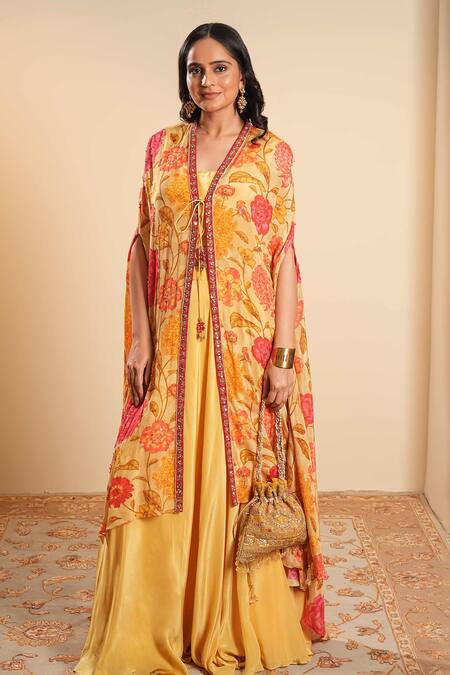 Sonali Methi_Yellow Chinon, Crepe Embroidery V-neck Designer Floral Cape Skirt Set _Online_at_Aza_Fashions