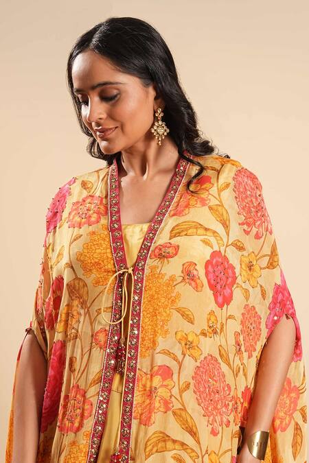 Buy_Sonali Methi_Yellow Chinon, Crepe Embroidery V-neck Designer Floral Cape Skirt Set _Online_at_Aza_Fashions