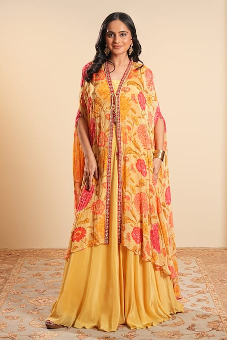 Sonali Methi Yellow Chinon, Crepe Embroidery V-neck Designer Floral Cape Skirt Set 
