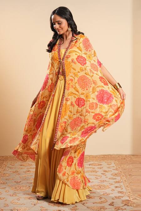 Shop_Sonali Methi_Yellow Chinon, Crepe Embroidery V-neck Designer Floral Cape Skirt Set _Online_at_Aza_Fashions
