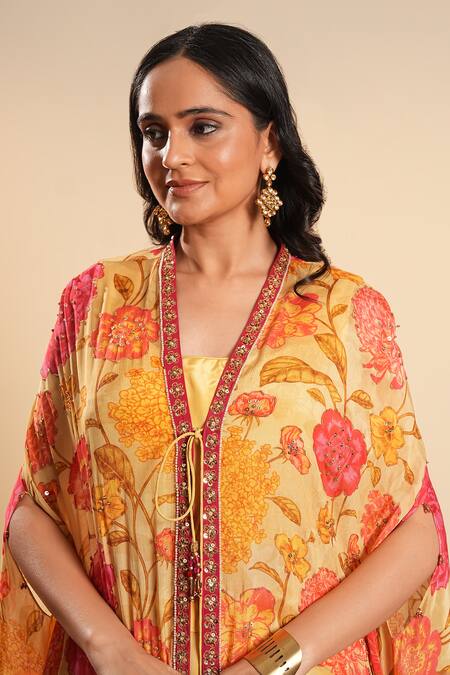 Sonali Methi_Yellow Chinon, Crepe Embroidery V-neck Designer Floral Cape Skirt Set _at_Aza_Fashions