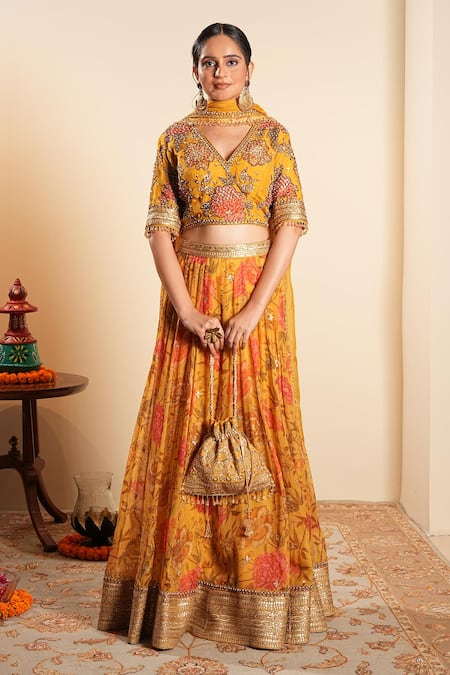 Sonali Methi Yellow Hand Embroidered Lehenga Set 