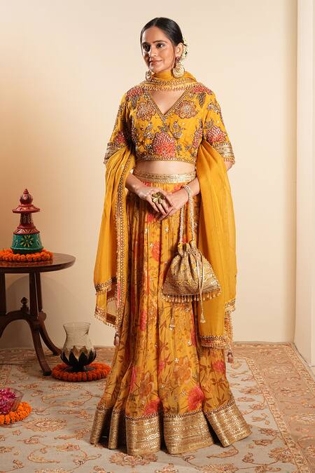 Buy_Sonali Methi_Yellow Organza Sequins, Beads V-neck Hand Embroidered Lehenga Set _Online_at_Aza_Fashions