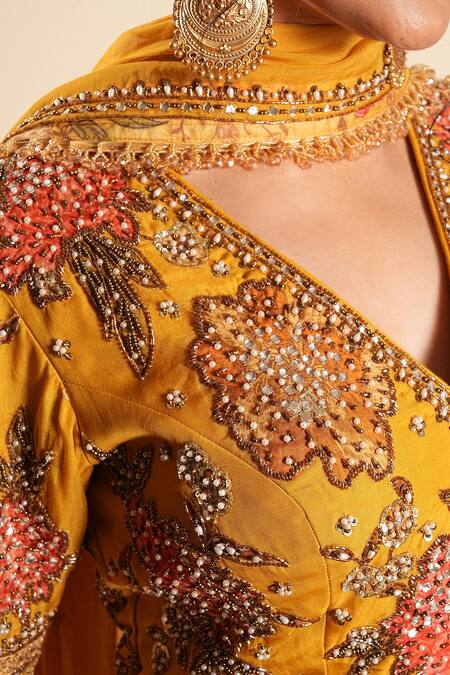 Shop_Sonali Methi_Yellow Organza Sequins, Beads V-neck Hand Embroidered Lehenga Set _Online_at_Aza_Fashions