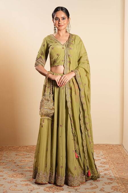 Sonali Methi_Olive Green Organza Embroidery V-neck Hand Lehenga Set _Online_at_Aza_Fashions