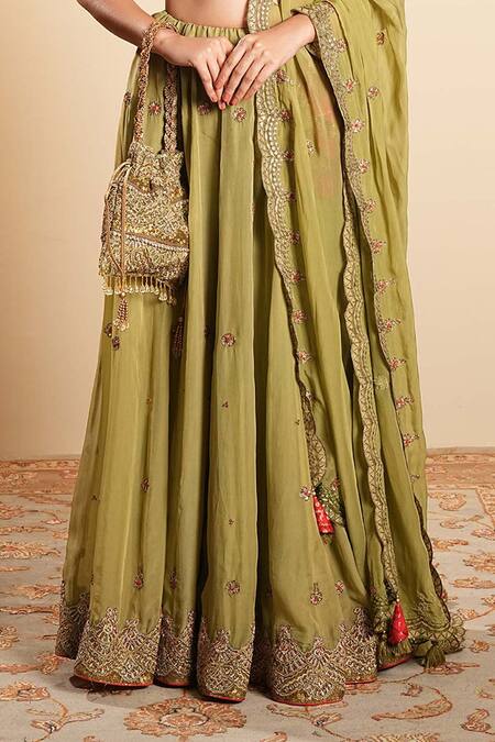 Buy_Sonali Methi_Olive Green Organza Embroidery V-neck Hand Lehenga Set _Online_at_Aza_Fashions