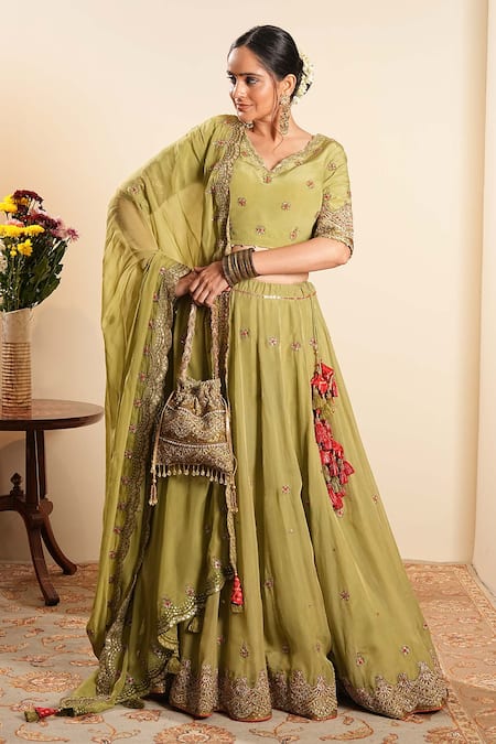 Sonali Methi Olive Green Hand Embroidered Lehenga Set 