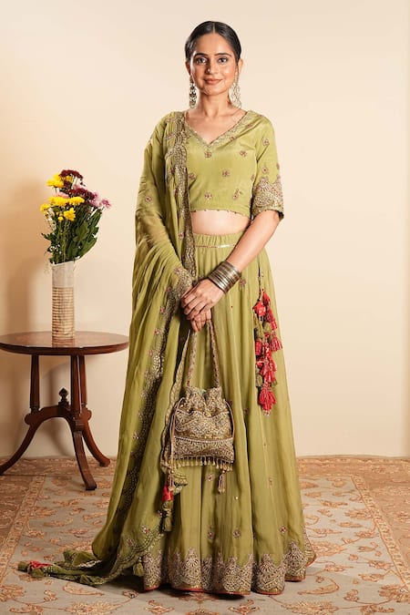 Sonali Methi Olive Green Organza Embroidery V-neck Hand Lehenga Set 