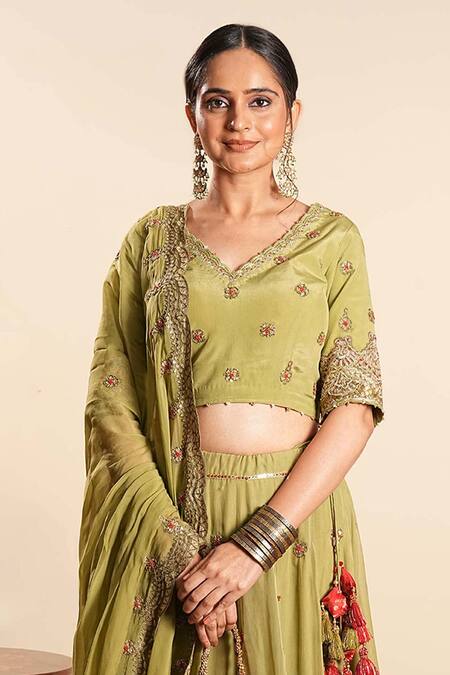Shop_Sonali Methi_Olive Green Organza Embroidery V-neck Hand Lehenga Set _Online_at_Aza_Fashions