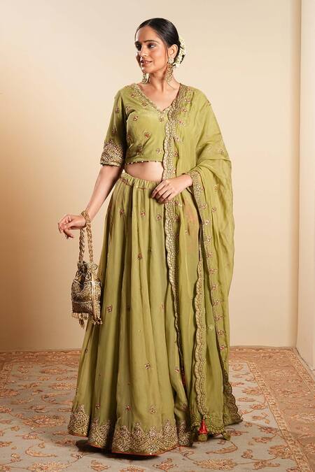 Shop_Sonali Methi_Olive Green Organza Embroidery V-neck Hand Lehenga Set 