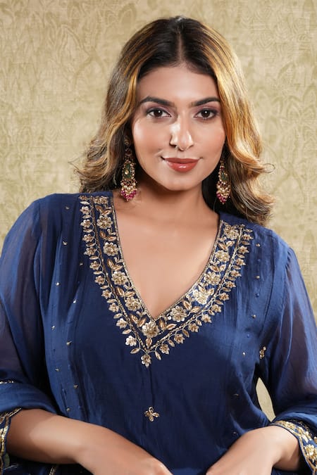 Buy_Sonali Methi_Navy Embroidery V-neck Blue Hand Anarkali Set _Online_at_Aza_Fashions