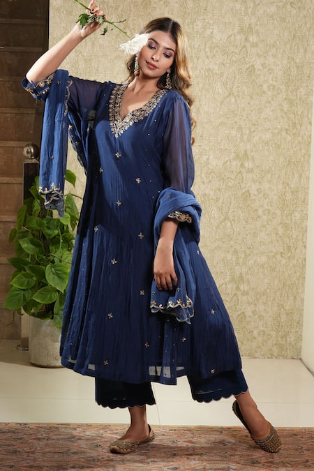 Sonali Methi Navy Blue Hand Embroidered Anarkali Set 