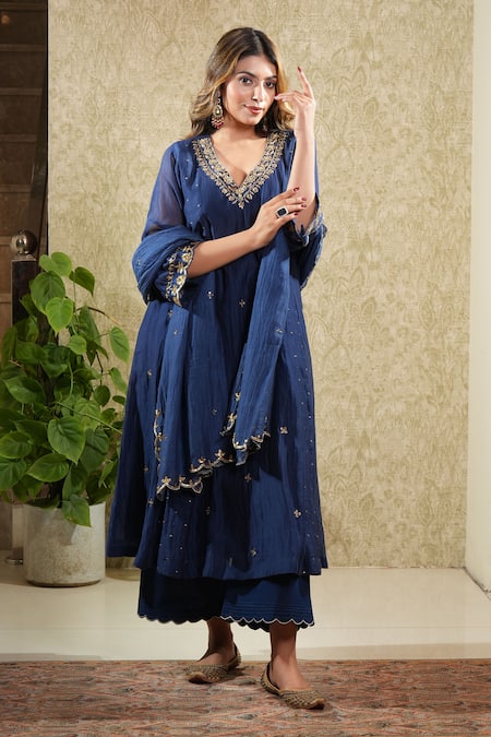 Shop_Sonali Methi_Navy Embroidery V-neck Blue Hand Anarkali Set _Online_at_Aza_Fashions