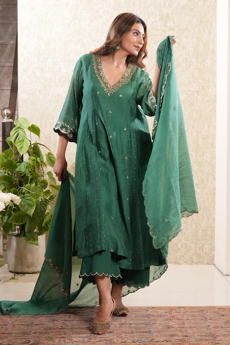 Sonali Methi Bottle Green Hand Embroidered Anarkali Set 