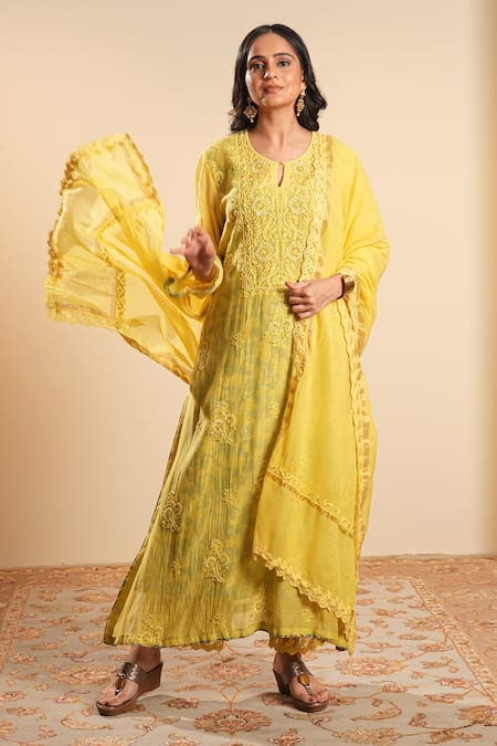 Sonali Methi Yellow Embroidery Keyhole Neck Hand Kurta Set 
