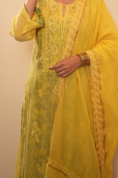 Sonali Methi_Yellow Embroidery Keyhole Neck Hand Kurta Set _Online_at_Aza_Fashions