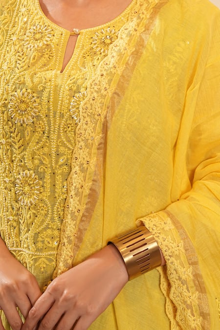 Shop_Sonali Methi_Yellow Embroidery Keyhole Neck Hand Kurta Set _Online_at_Aza_Fashions