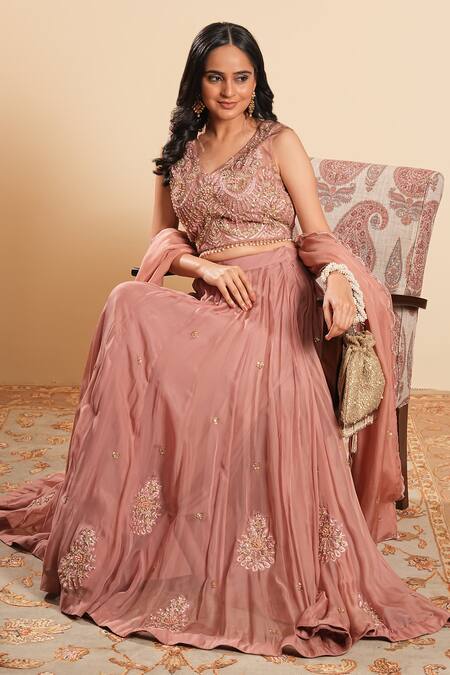 Shop_Sonali Methi_Pink Organza Embroidery V-neck Designer Onion Lehenga Set _Online_at_Aza_Fashions