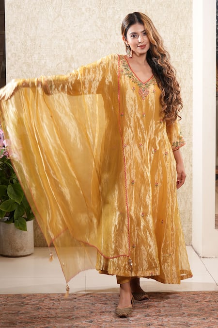 Buy_Sonali Methi_Yellow Tissue Embroidery V-neck Anarkali Set _Online_at_Aza_Fashions
