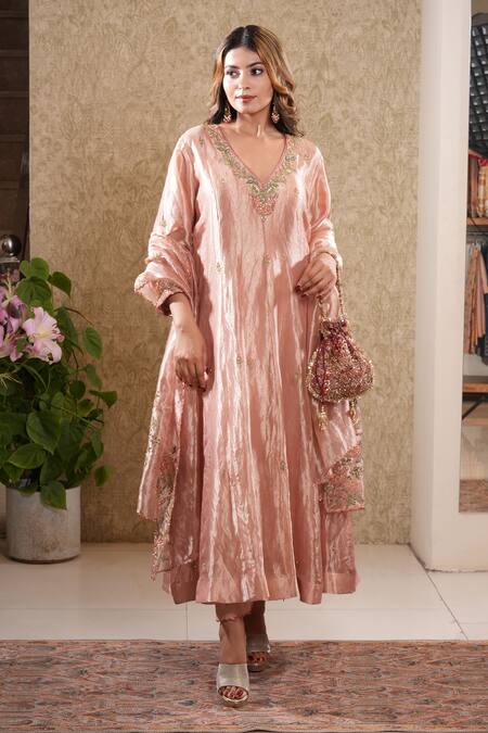 Sonali Methi_Peach Tissue Embroidery V-neck Anarkali Set _Online_at_Aza_Fashions