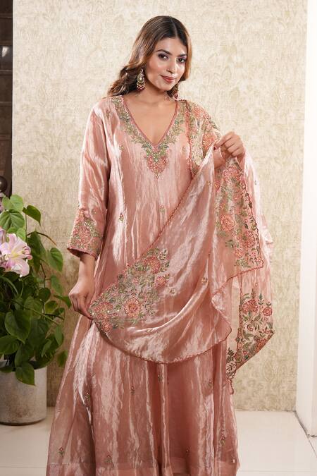 Shop_Sonali Methi_Peach Tissue Embroidery V-neck Anarkali Set _Online_at_Aza_Fashions