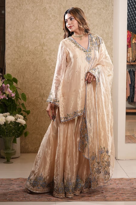 Buy_Sonali Methi_Gold Tissue Embroidery V-neck Sharara Set _Online_at_Aza_Fashions