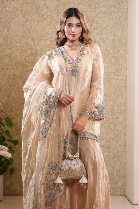 Shop_Sonali Methi_Gold Tissue Embroidery V-neck Sharara Set _Online_at_Aza_Fashions