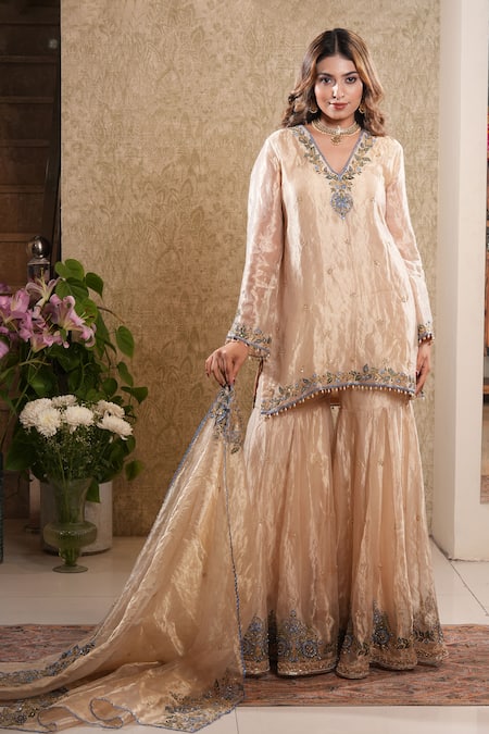 Sonali Methi_Gold Tissue Embroidery V-neck Sharara Set _at_Aza_Fashions