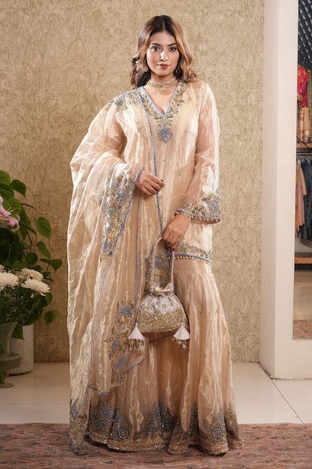 Sonali Methi Gold Tissue Embroidery V-neck Sharara Set 