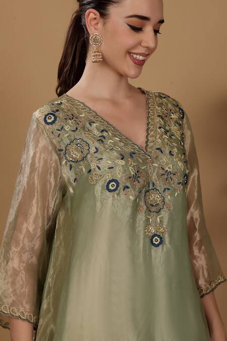 Buy_Sonali Methi_Green Tissue, Crepe Embroidery V-neck Hand Kurta Pant Set _Online_at_Aza_Fashions