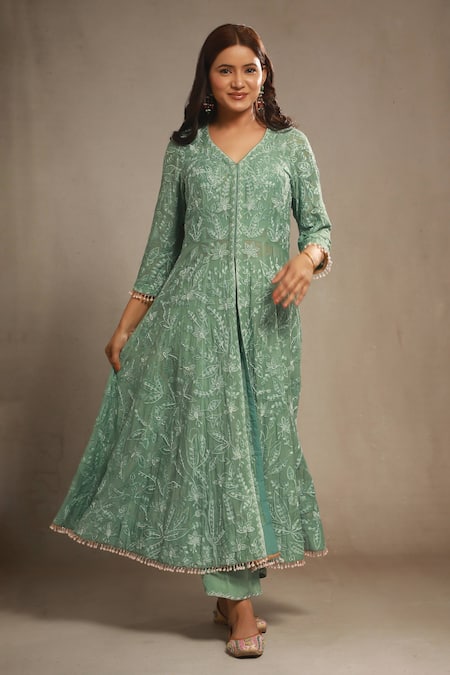 Sonali Methi Green Chanderi Embroidery V-neck Sage Anarkali Set 