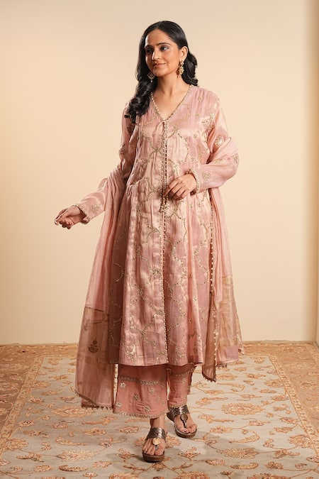 Sonali Methi Blush Tissue Embroidery V-neck Pink Hand Kurta Set 