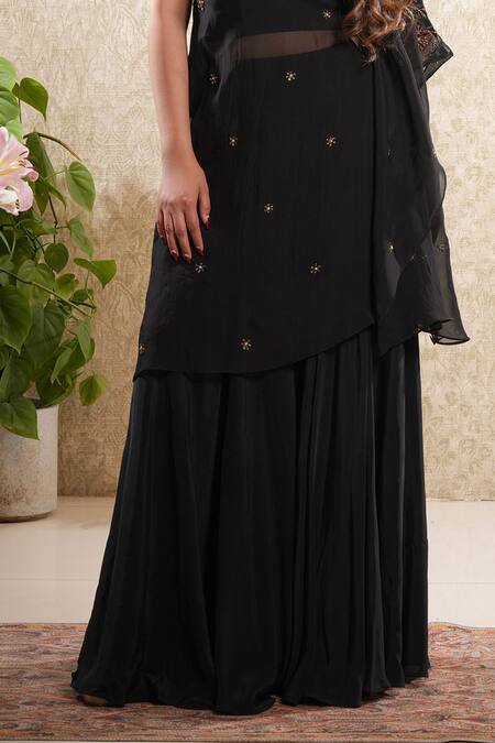 Sonali Methi_Black Organza Embroidery Off-shoulder Tunic And Sharara Set _Online_at_Aza_Fashions