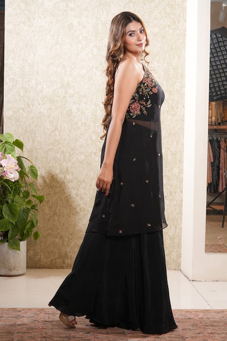 Sonali Methi_Black Organza Embroidery Off-shoulder Tunic And Sharara Set _at_Aza_Fashions