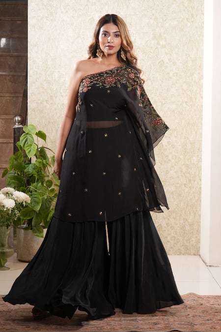 Sonali Methi Black Off-Shoulder Tunic & Sharara Set 