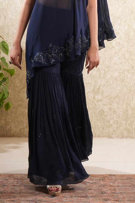 Sonali Methi_Blue Organza Embroidery Off-shoulder Tunic Set _Online_at_Aza_Fashions