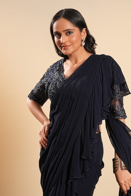 Buy_Sonali Methi_Navy Crepe Embroidery Plunge Neck Blue Hand Pre-draped Saree With Blouse _Online_at_Aza_Fashions