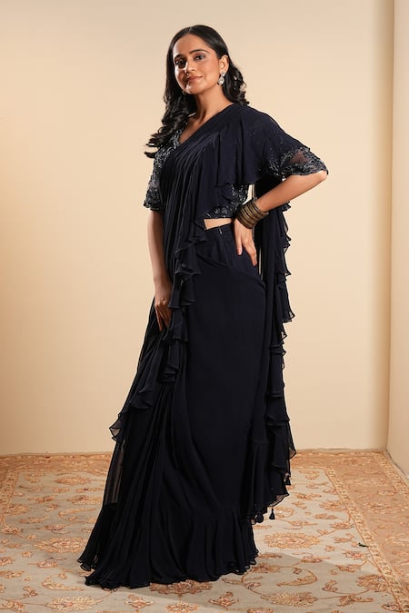 Shop_Sonali Methi_Navy Crepe Embroidery Plunge Neck Blue Hand Pre-draped Saree With Blouse _Online_at_Aza_Fashions