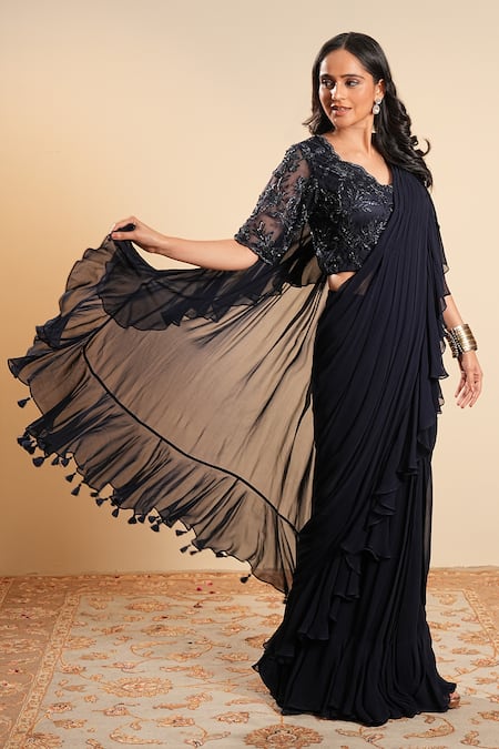 Sonali Methi_Navy Crepe Embroidery Plunge Neck Blue Hand Pre-draped Saree With Blouse _at_Aza_Fashions