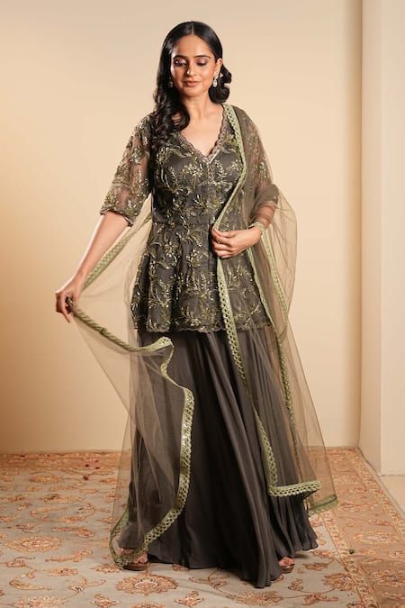 Sonali Methi Olive Green Embroidered Kurta Sharara Set 