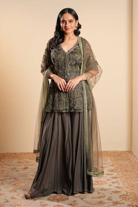 Sonali Methi_Olive Green Organza Embroidery Round Neck Kurta Sharara Set _Online_at_Aza_Fashions