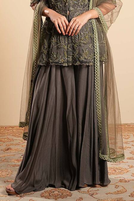 Buy_Sonali Methi_Olive Green Organza Embroidery Round Neck Kurta Sharara Set _Online_at_Aza_Fashions